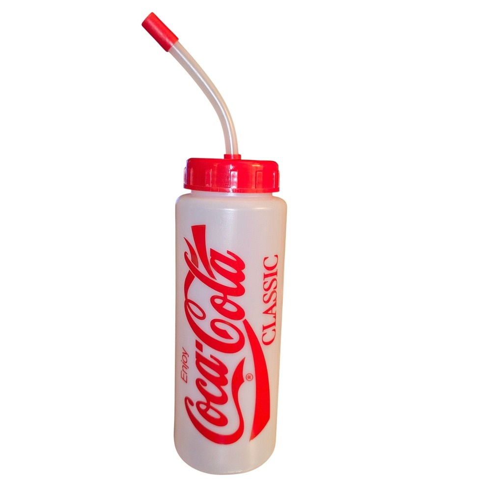Coca Cola Classic Sports Water Bottle‎ Straw Red Plastic Reusable USA Made Retro